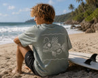 Back view of boy wearing Cooee Coast, coastal flow tee Salty Sage Angler Print