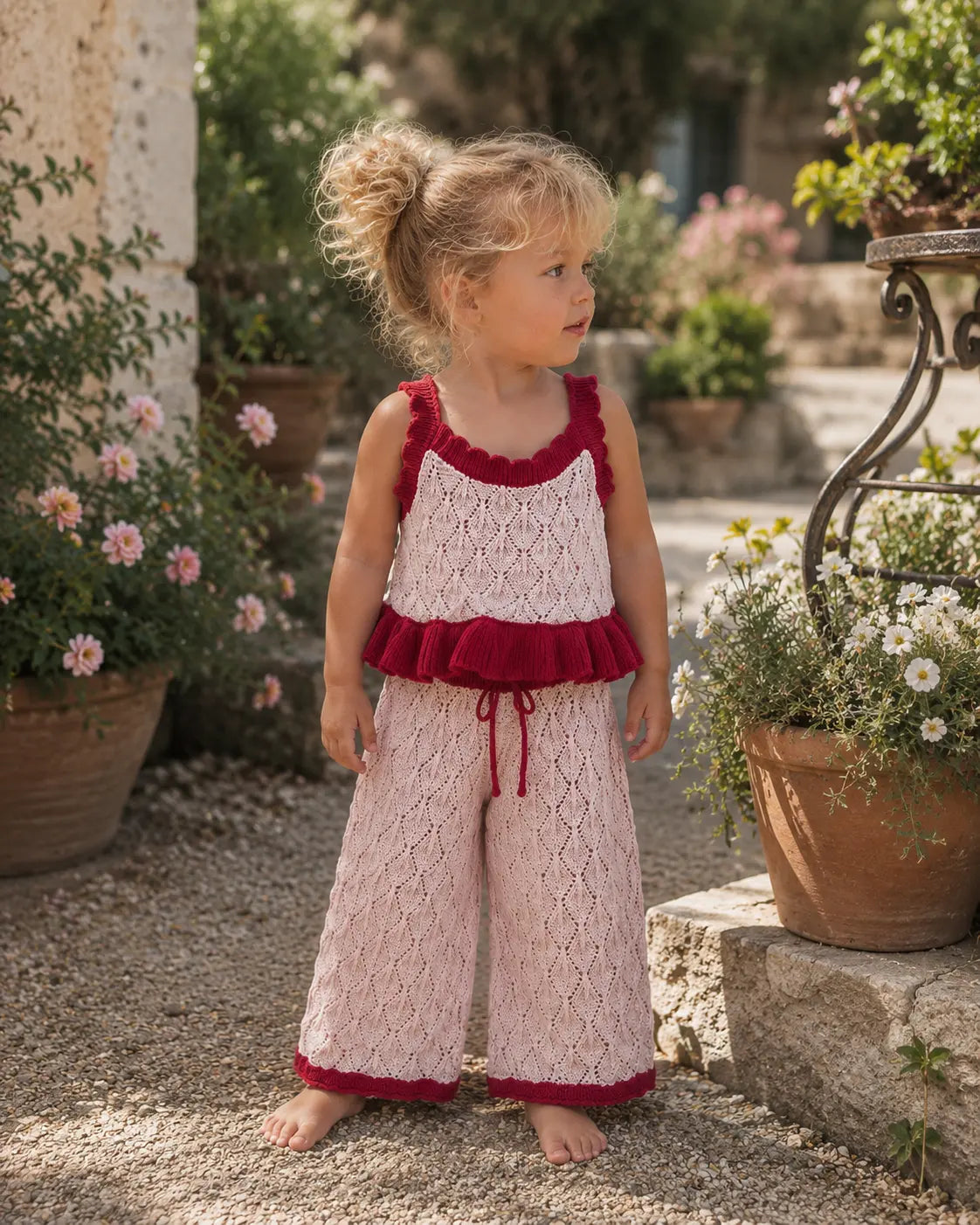 Girl wearing Cooee Coast Mon Chéri two-piece knit set featuring textured blush fabric and cherry red tri