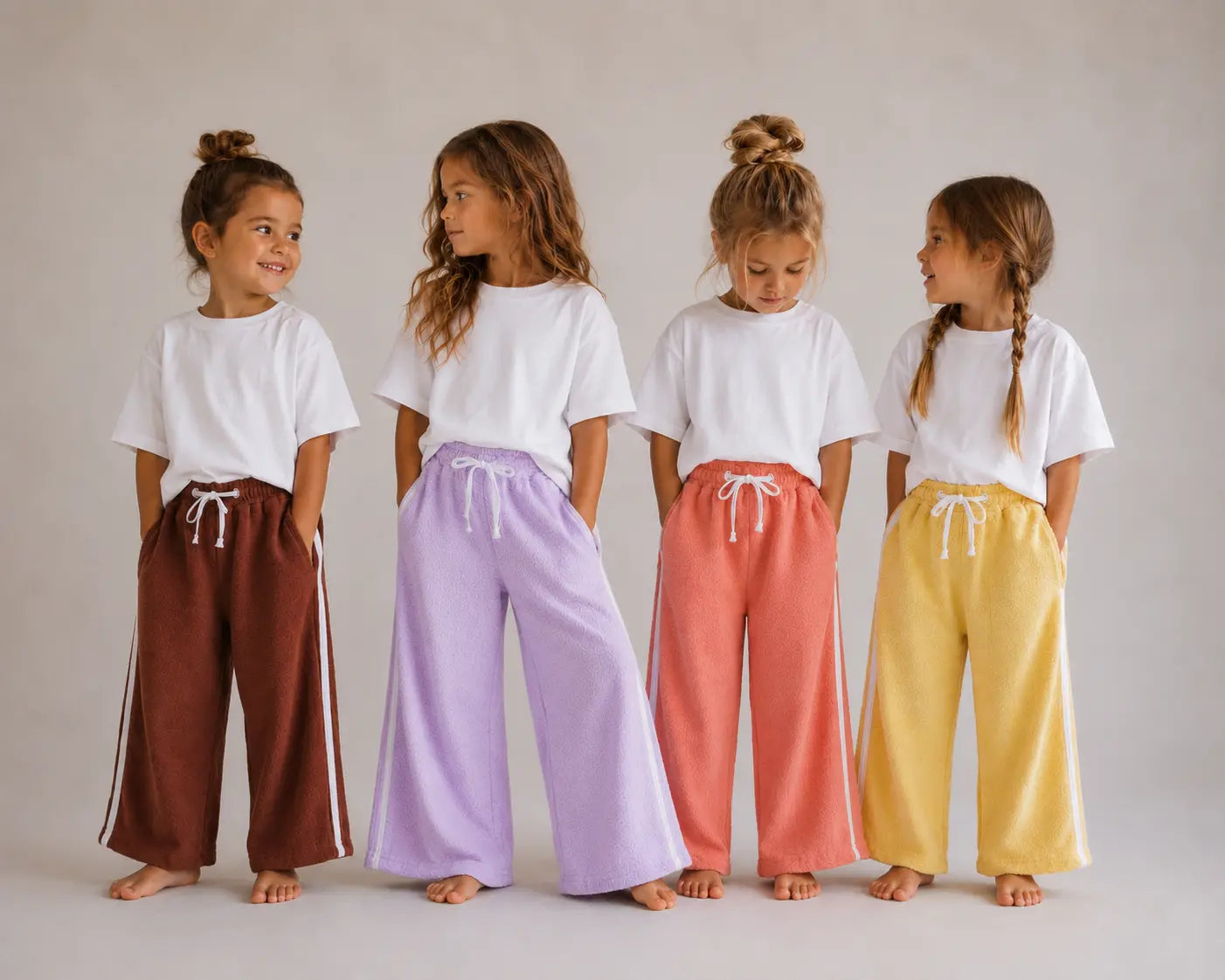 Four girls wearing Cooee Coast retro terry pants featuring embroidered back pocket, relaxed fit.
