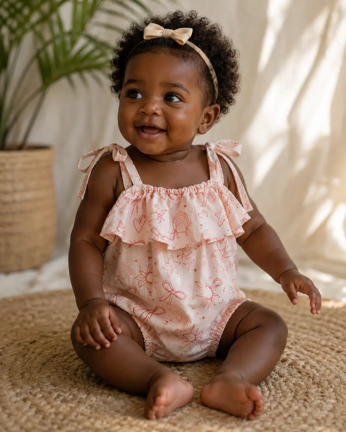 Baby wearing Cooee Coast Mia Romper featuring coastal print and adjustable tie straps