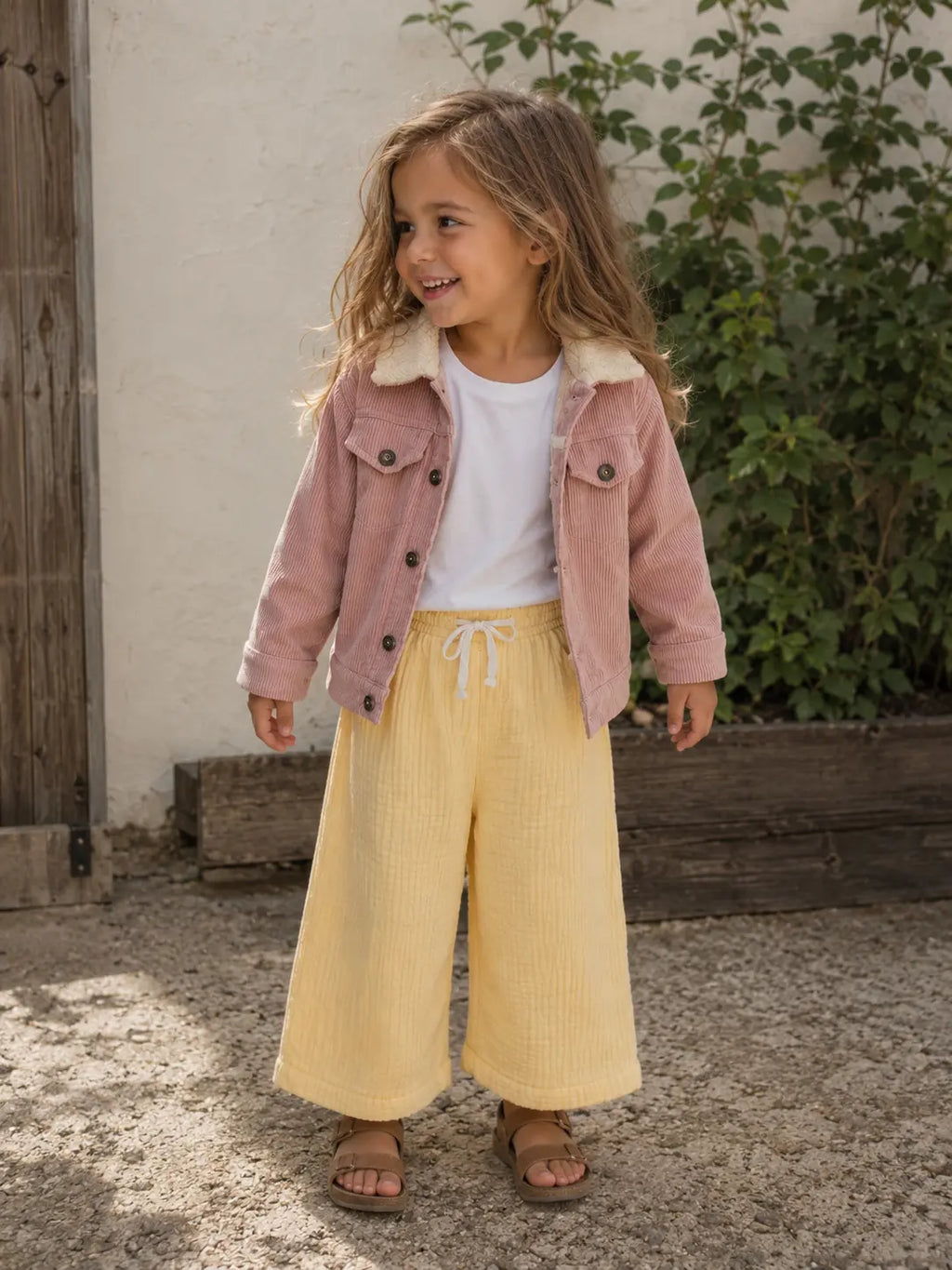 Child wearing Cooee Coast pink Teddy-Lined Corduroy Jacket featuring soft cord texture and relaxed Fit