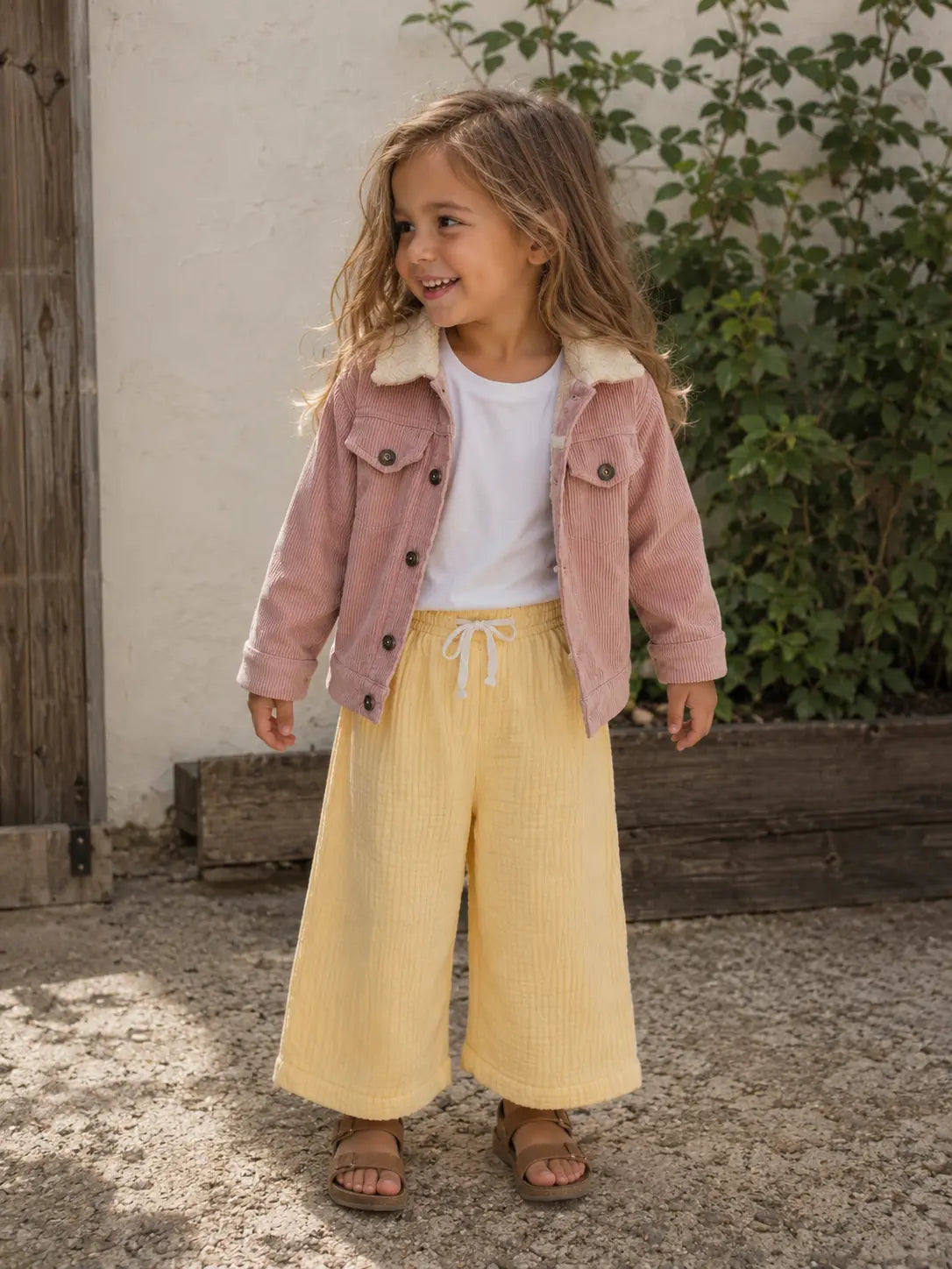 Child wearing Cooee Coast pink Teddy-Lined Corduroy Jacket featuring soft cord texture and relaxed Fit